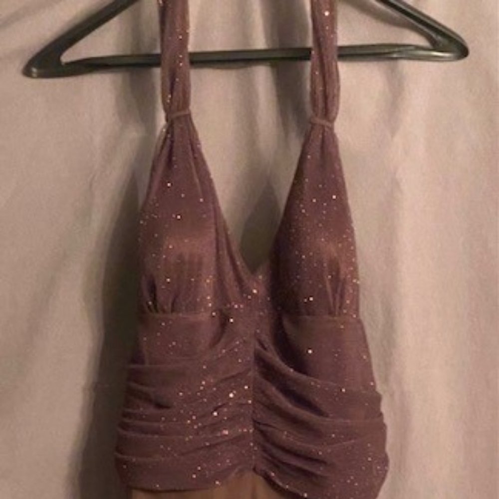 Choclate brown halter cocktail dress with metailic enhanced top